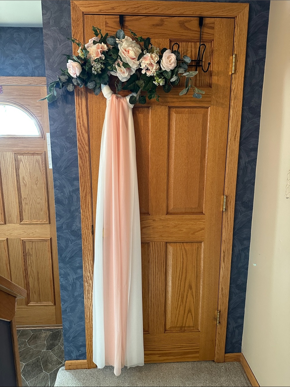 Floral Hanging 24"  Swag with Blush and White Drapery Weddings or Welcome Signs